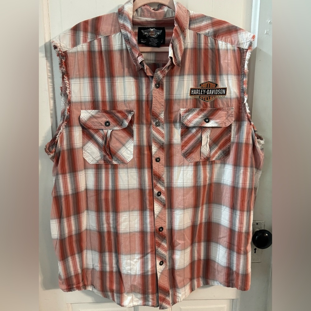 Harley-Davidson burnt orange and White Plaid rough edge sleeveless shirt.